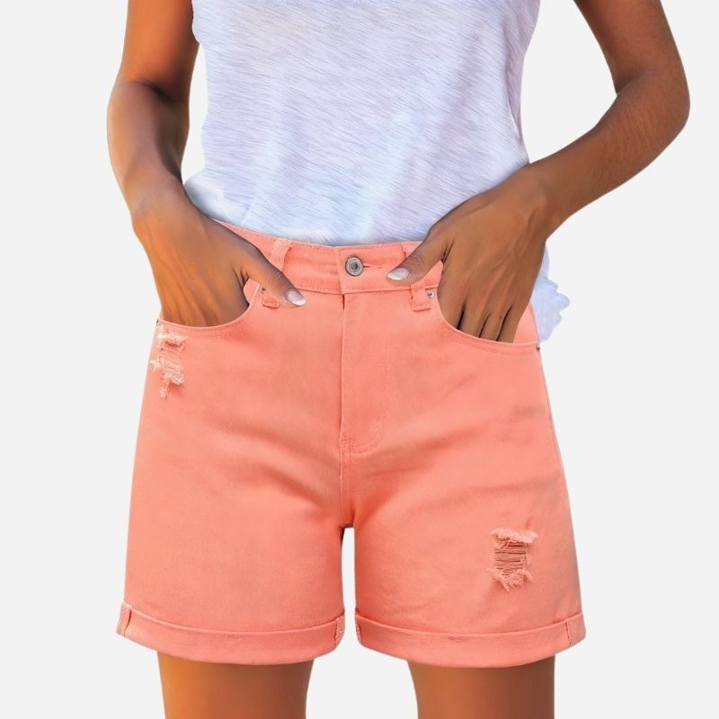 Women's Ripped Denim Shorts in orange, front view