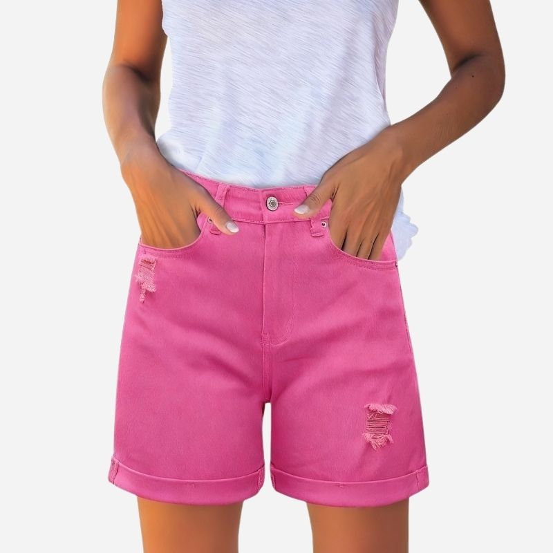 Women's Ripped Denim Shorts in red, front view