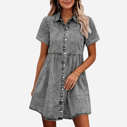 Women's Short Sleeve Tiered Babydoll Denim Dress Button Down Mini Dress