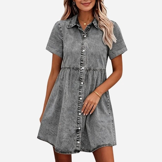 Women's Short Sleeve Tiered Babydoll Denim Dress Button Down Mini Dress