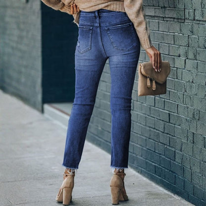 Women's Skinny Jeans Stretch Trendy Pants Straight Leg Raw Hem Denim