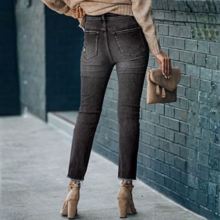 Women's Skinny Jeans Stretch Trendy Pants Straight Leg Raw Hem Denim