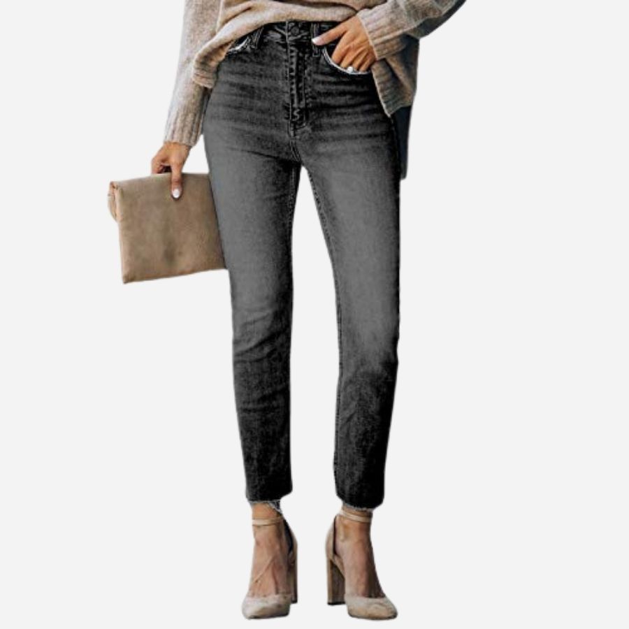 Women's Skinny Jeans Stretch Trendy Pants Straight Leg Raw Hem Denim