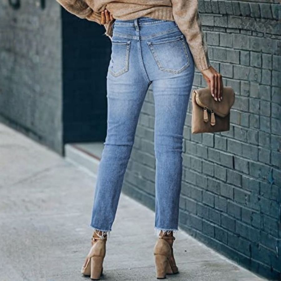 Women's Skinny Jeans Stretch Trendy Pants Straight Leg Raw Hem Denim