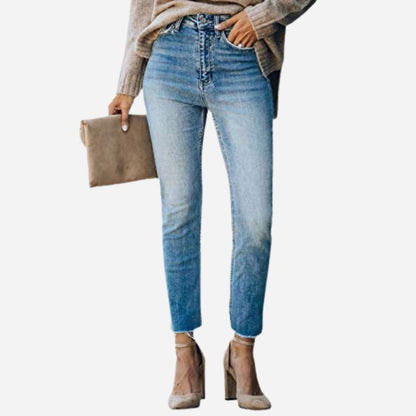 Women's Skinny Jeans Stretch Trendy Pants Straight Leg Raw Hem Denim
