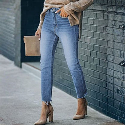 Women's Skinny Jeans Stretch Trendy Pants Straight Leg Raw Hem Denim