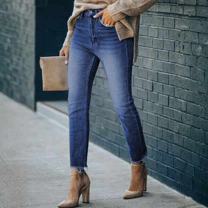 Women's Skinny Jeans Stretch Trendy Pants Straight Leg Raw Hem Denim