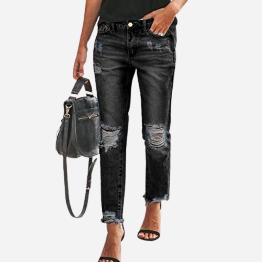 Women's skinny jeans stretchy ripped denim pants in black, front view