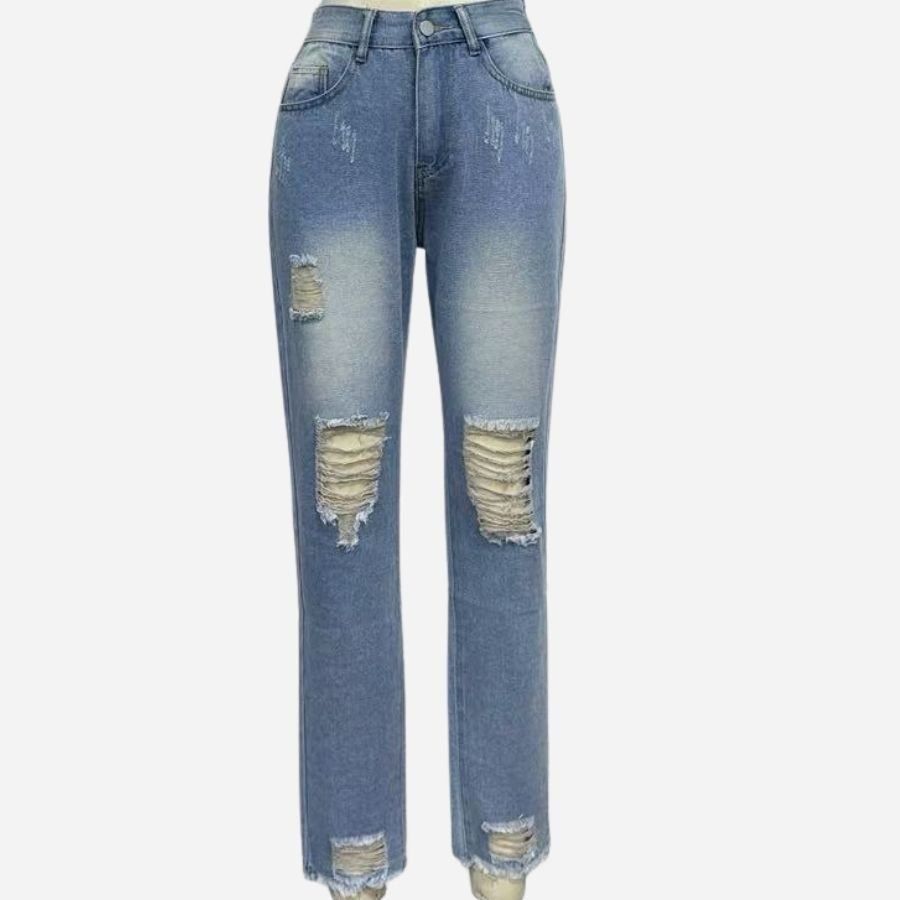 Women's skinny jeans stretchy ripped denim pants in blue, front view