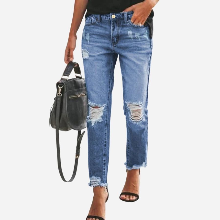 Women's skinny jeans stretchy ripped denim pants in navy, front view