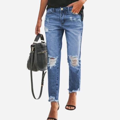 Women's skinny jeans stretchy ripped denim pants in navy, front view