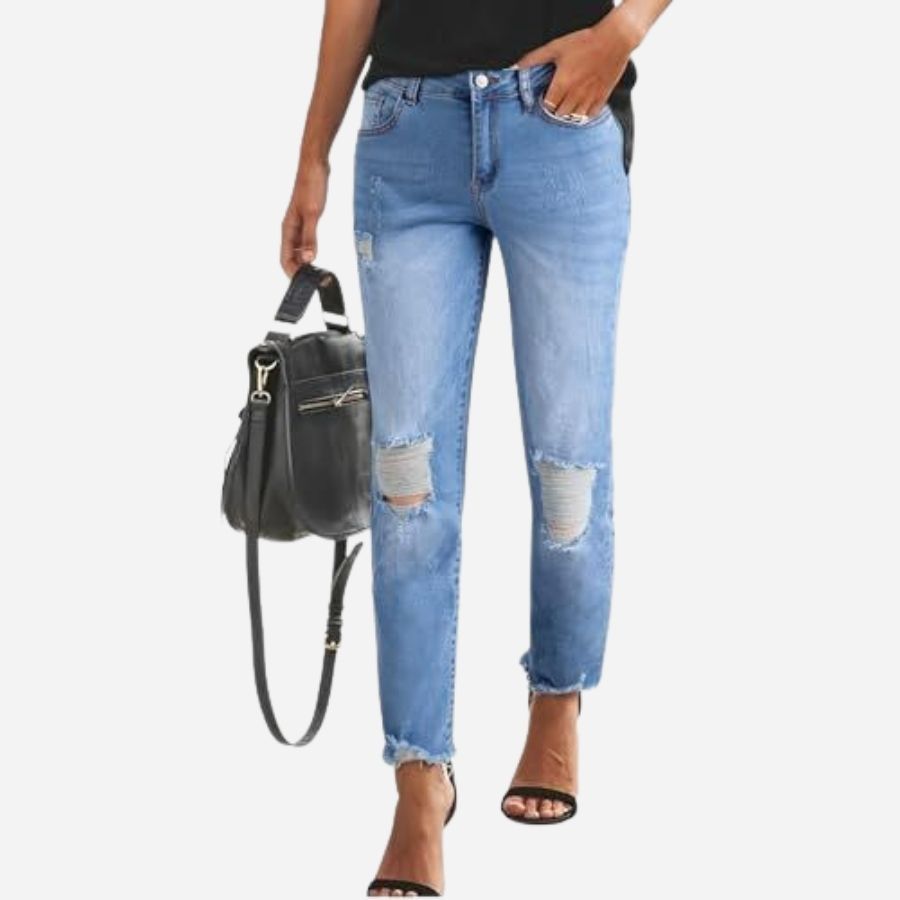 Women's skinny jeans stretchy ripped denim pants in blue, front view