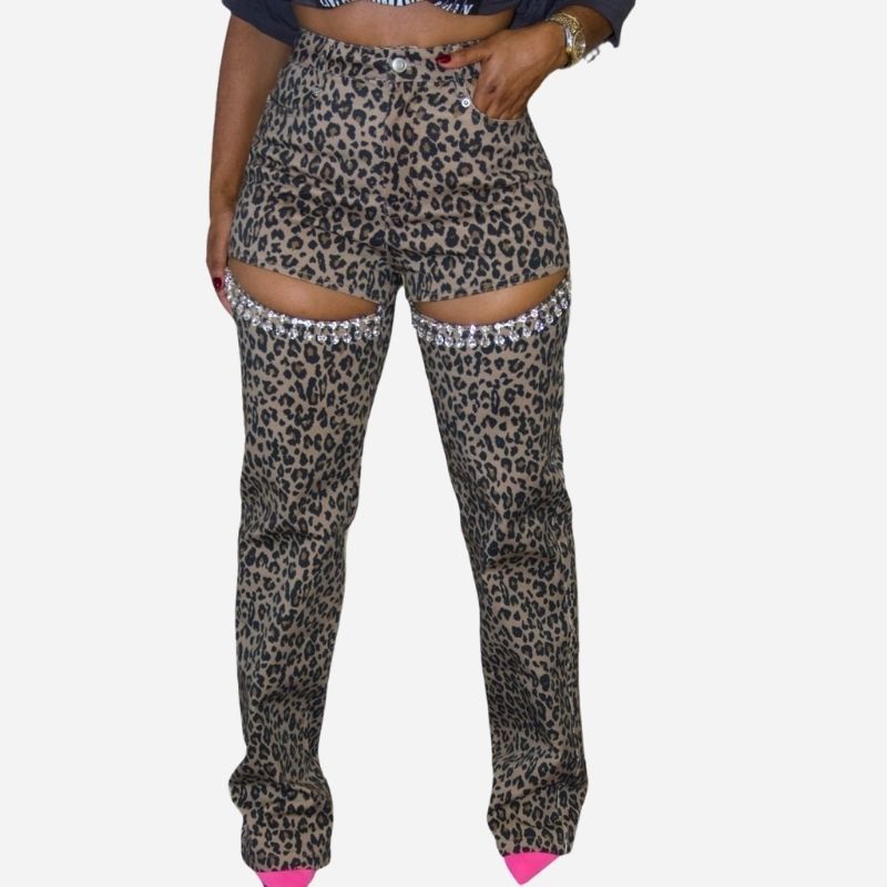 Women’s Sparkly Rhinestone Ripped Jeans Straight Wide Leg Diamond Denim Pants Leopard Color