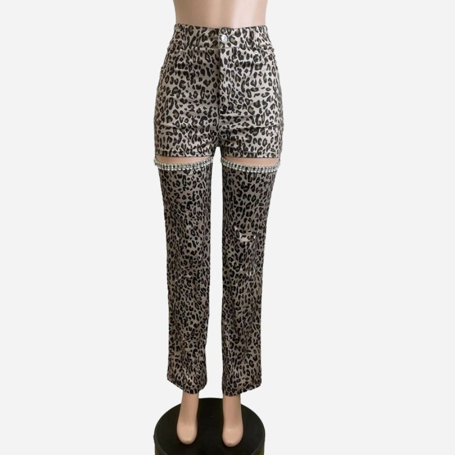 Women’s sparkly rhinestone ripped jeans straight wide leg diamond denim pants, flat lay front