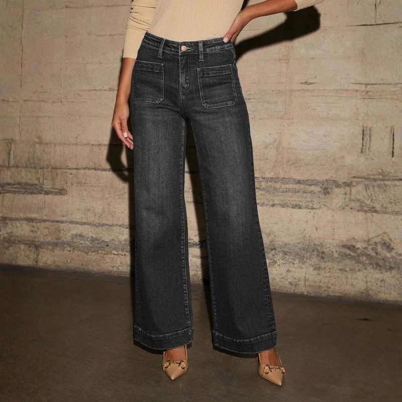 Women's straight leg denim high waist baggy palazzo jeans with front pockets in black, front view