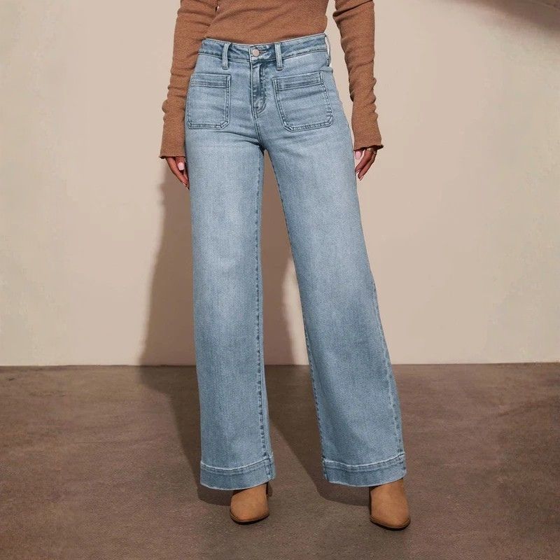 Women's straight leg denim high waist baggy palazzo jeans with front pockets in blue, front view
