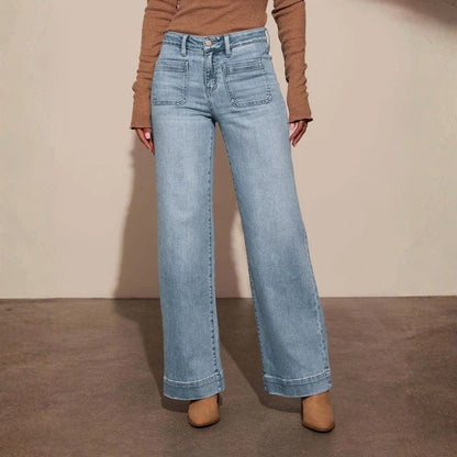 Women's straight leg denim high waist baggy palazzo jeans with front pockets in blue, front view