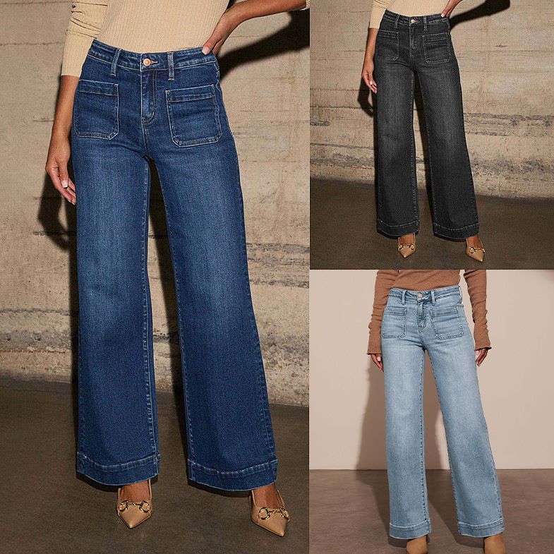 Women's Straight Leg Denim High Waist Baggy Palazzo Jeans with Front Pockets