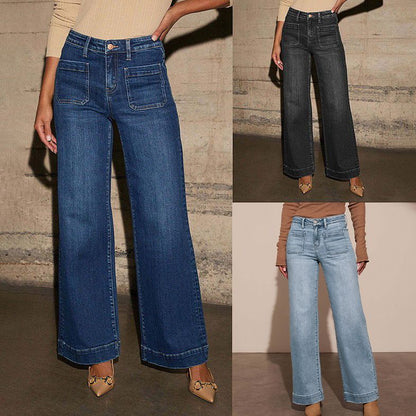 Women's Straight Leg Denim High Waist Baggy Palazzo Jeans with Front Pockets