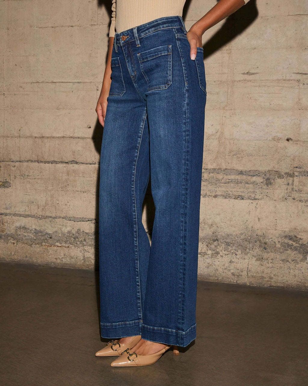 Women's Straight Leg Denim High Waist Baggy Palazzo Jeans with Front Pockets