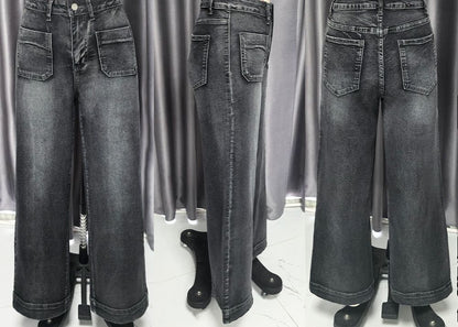 Women's Straight Leg Denim High Waist Baggy Palazzo Jeans with Front Pockets