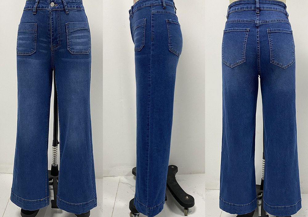 Women's Straight Leg Denim High Waist Baggy Palazzo Jeans with Front Pockets