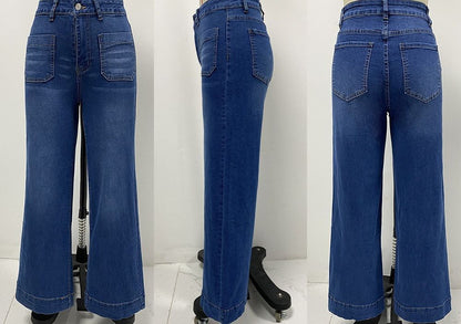 Women's Straight Leg Denim High Waist Baggy Palazzo Jeans with Front Pockets