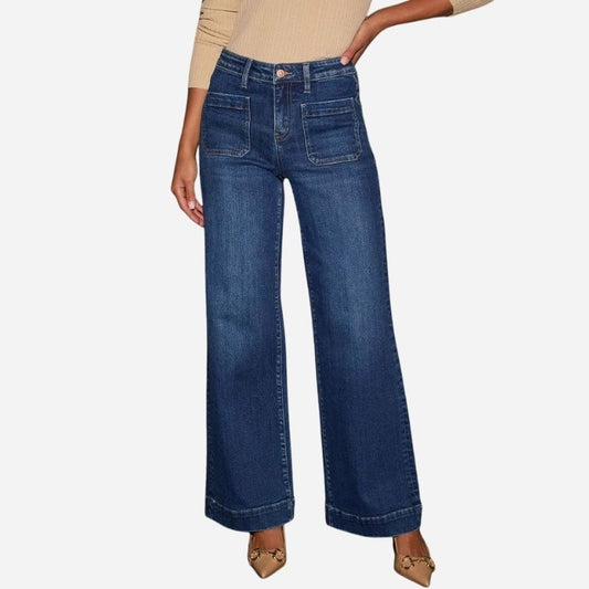 Women's Straight Leg Denim High Waist Baggy Palazzo Jeans with Front Pockets