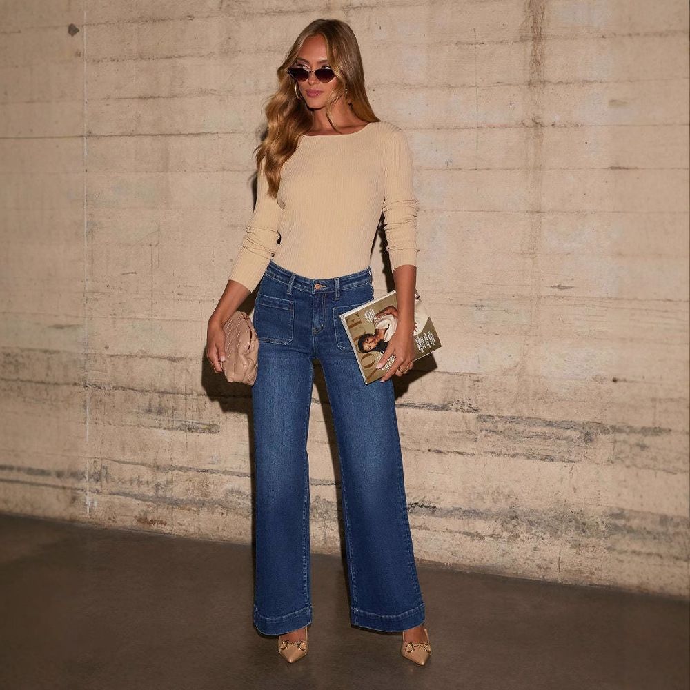 Women's Straight Leg Denim High Waist Baggy Palazzo Jeans with Front Pockets