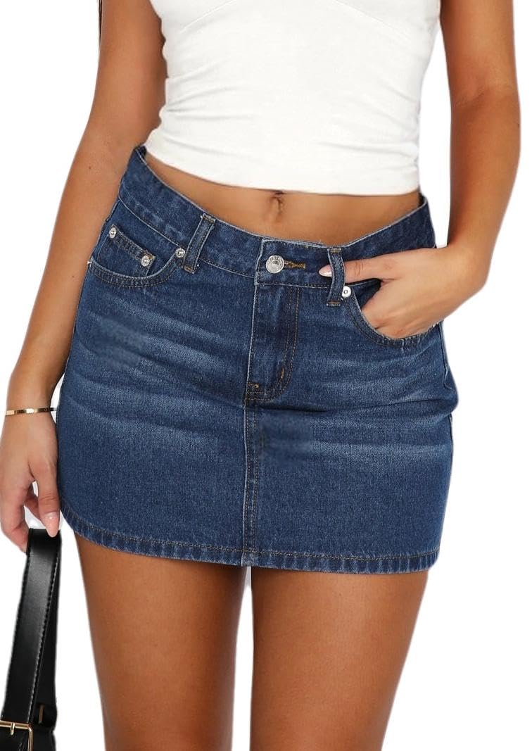 Women’s Stretch Denim Mini Skirt Slim Fit Low Waist Bodycon Jean Skirt Navy Color