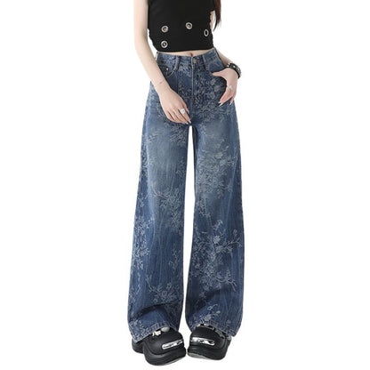 Women’s Vintage Floral Print High Waisted Wide Leg Jeans Straight Denim Pants