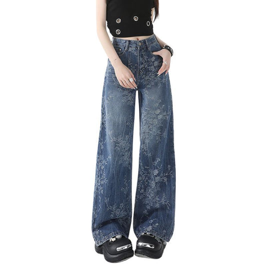 Women’s Vintage Floral Print High Waisted Wide Leg Jeans Straight Denim Pants