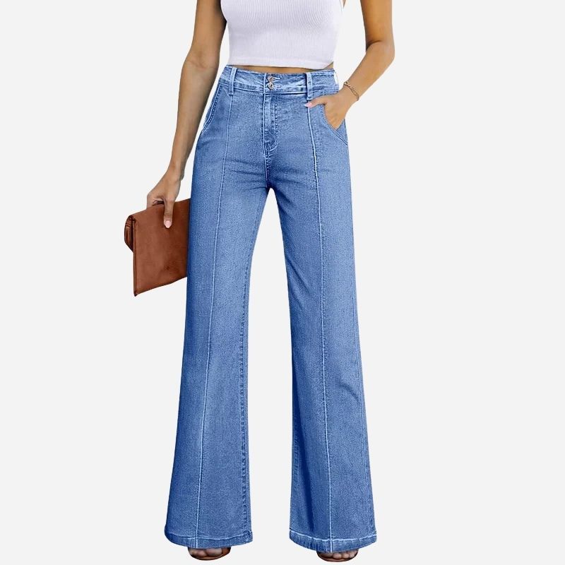 Women's wide leg flare jeans high waisted stretch baggy denim pants in blue, front view