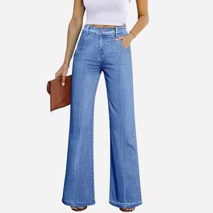 Women's wide leg flare jeans high waisted stretch baggy denim pants in blue, front view