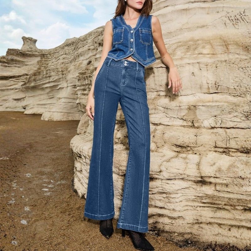 Women's wide leg flare jeans high waisted stretch baggy denim pants in navy, front view