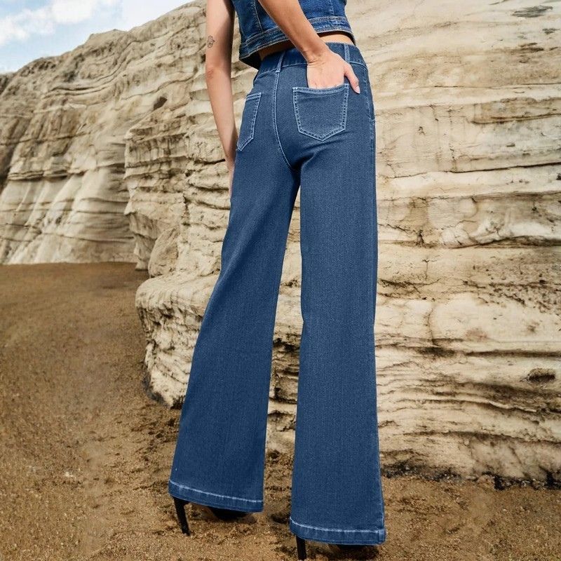 Women's wide leg flare jeans high waisted stretch baggy denim pants in navy, back view