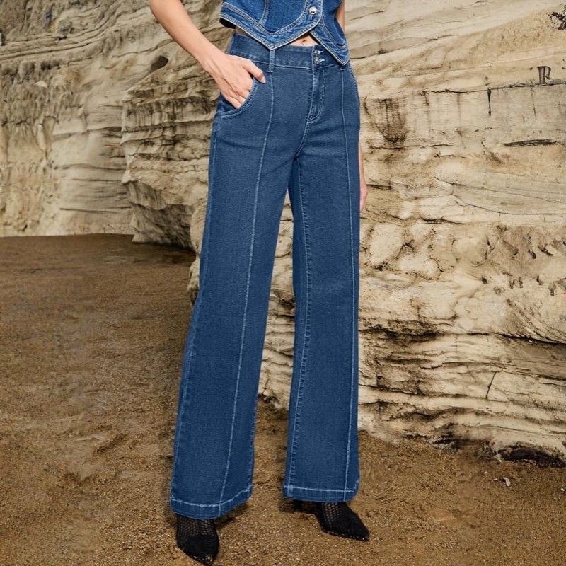 Women's wide leg flare jeans high waisted baggy denim pants in navy, front view