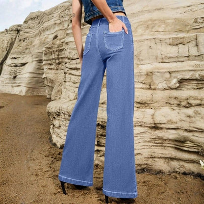 Women's wide leg flare jeans high waisted stretch baggy denim pants in blue, back view