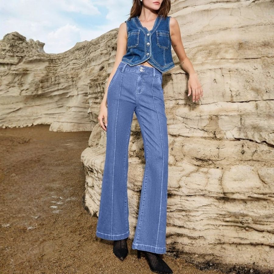 Women's wide leg flare jeans high waisted baggy denim pants in blue, front view