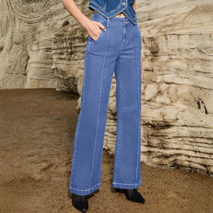 Women's wide leg flare jeans high waisted baggy denim in blue, front view