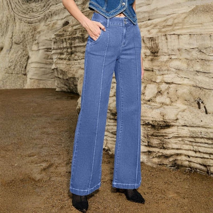 Women's wide leg flare jeans high waisted baggy denim in blue, front view