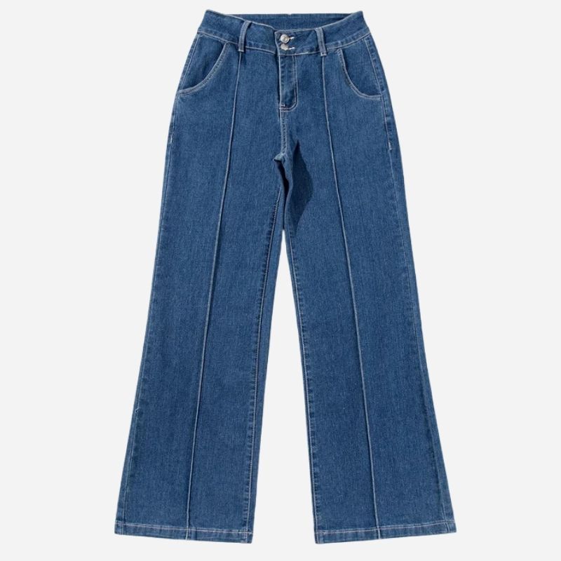 Women's wide leg flare jeans high waisted stretch baggy denim pants, flat lay front