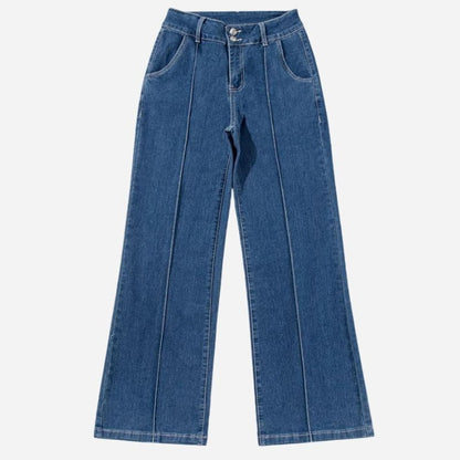 Women's wide leg flare jeans high waisted stretch baggy denim pants, flat lay front