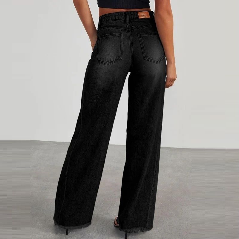 Women's wide leg jeans high waisted baggy raw hem denim in black, back view