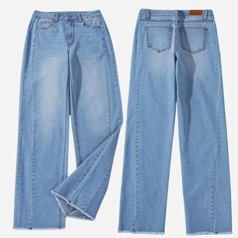 Women's wide leg jeans high waisted baggy raw hem denim in blue, front and back view
