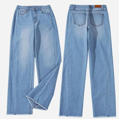Women's wide leg jeans high waisted baggy raw hem denim in blue, front and back view