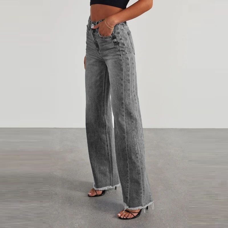 Women's wide leg jeans high waisted baggy raw hem denim in grey, side view