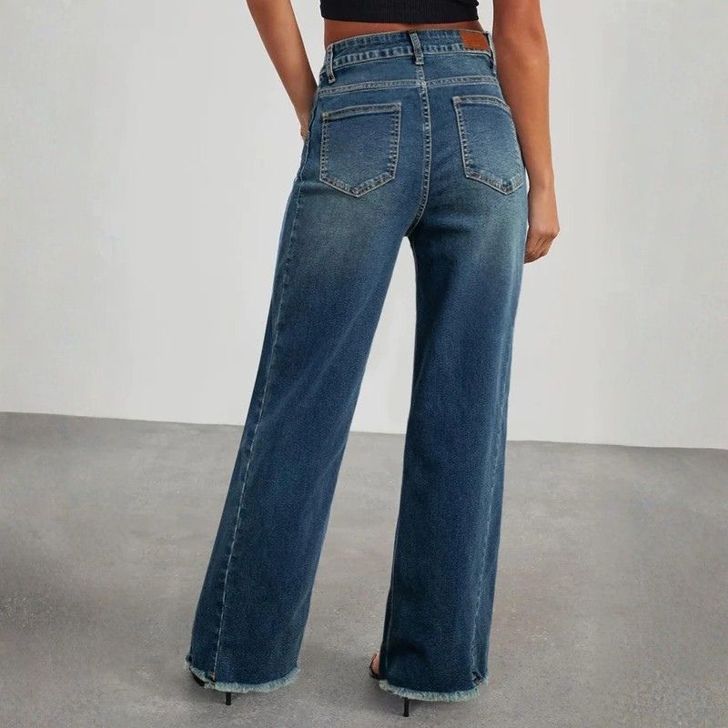 Women's wide leg jeans high waisted baggy raw hem denim in navy, back view