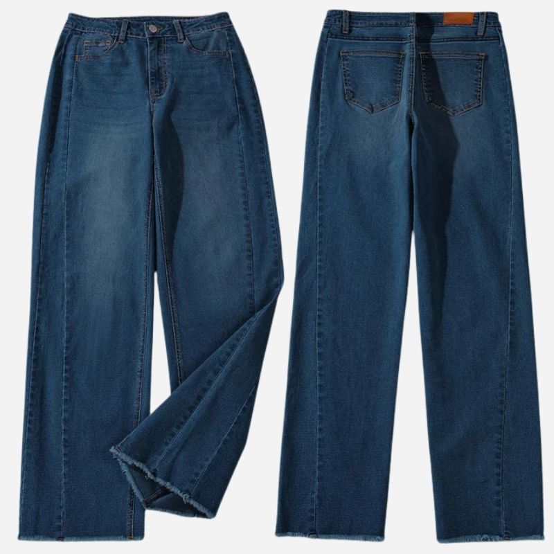 Women's wide leg jeans high waisted baggy raw hem denim in navy, front and back view