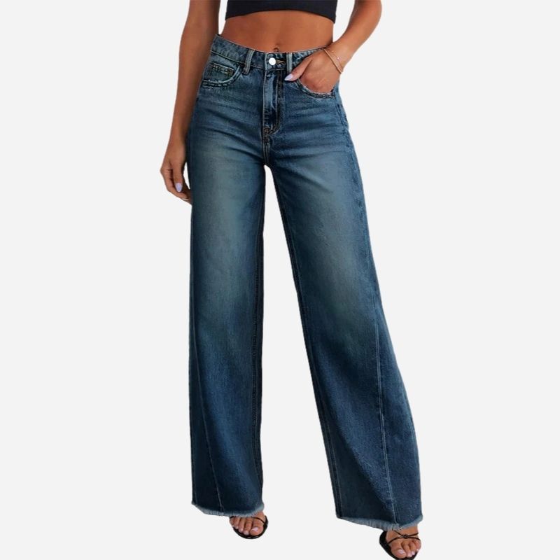 Women's wide leg jeans high waisted baggy raw hem denim in navy, front view